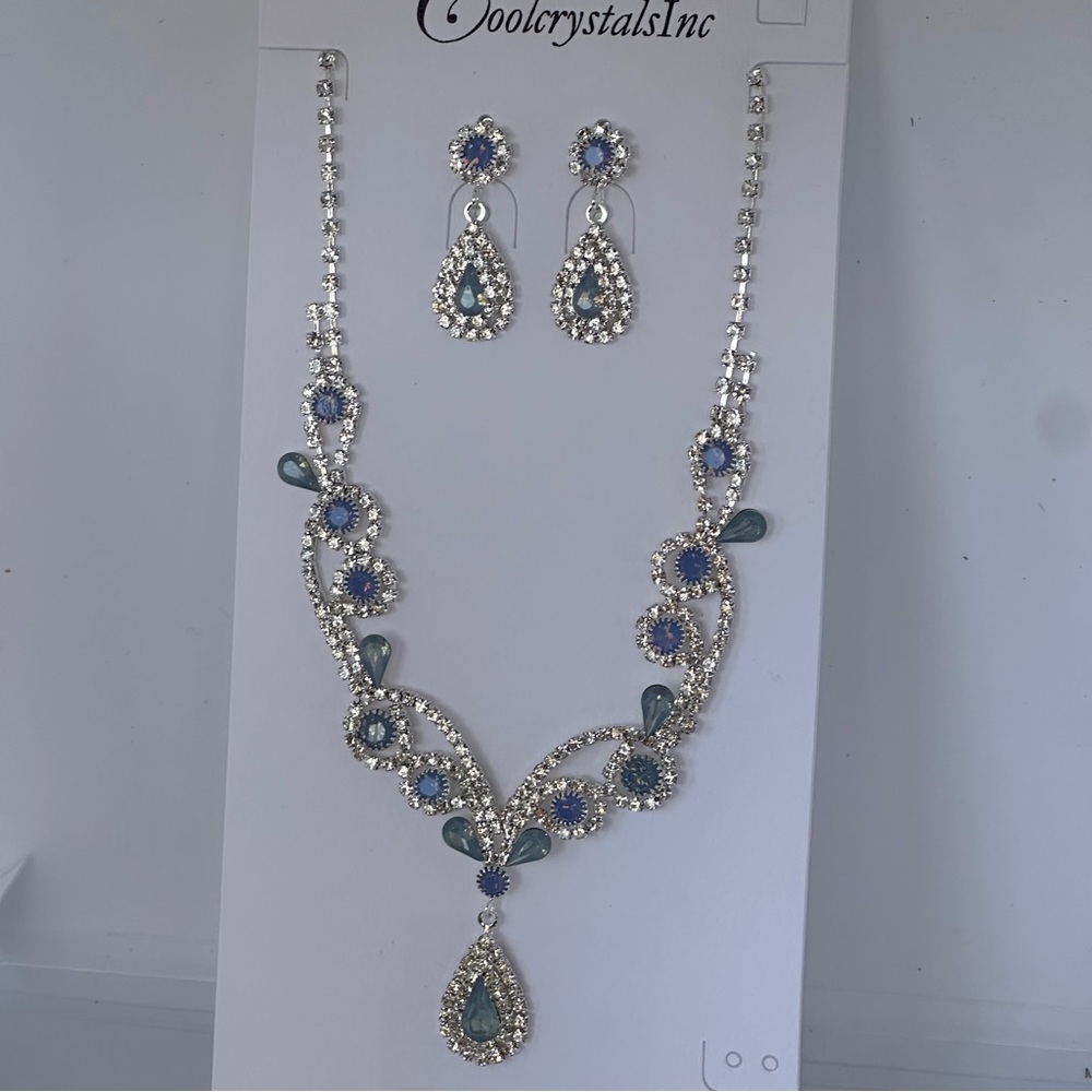Silver Ice Blue Crystal Necklace & Earring Set | Formal Wedding Prom